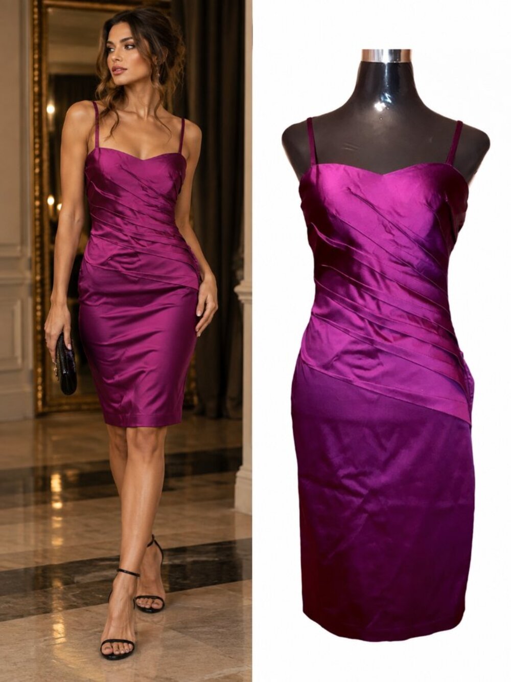 Le Château Magenta Satin Ruched Sheath Cocktail Dress Y2K Bodycon S